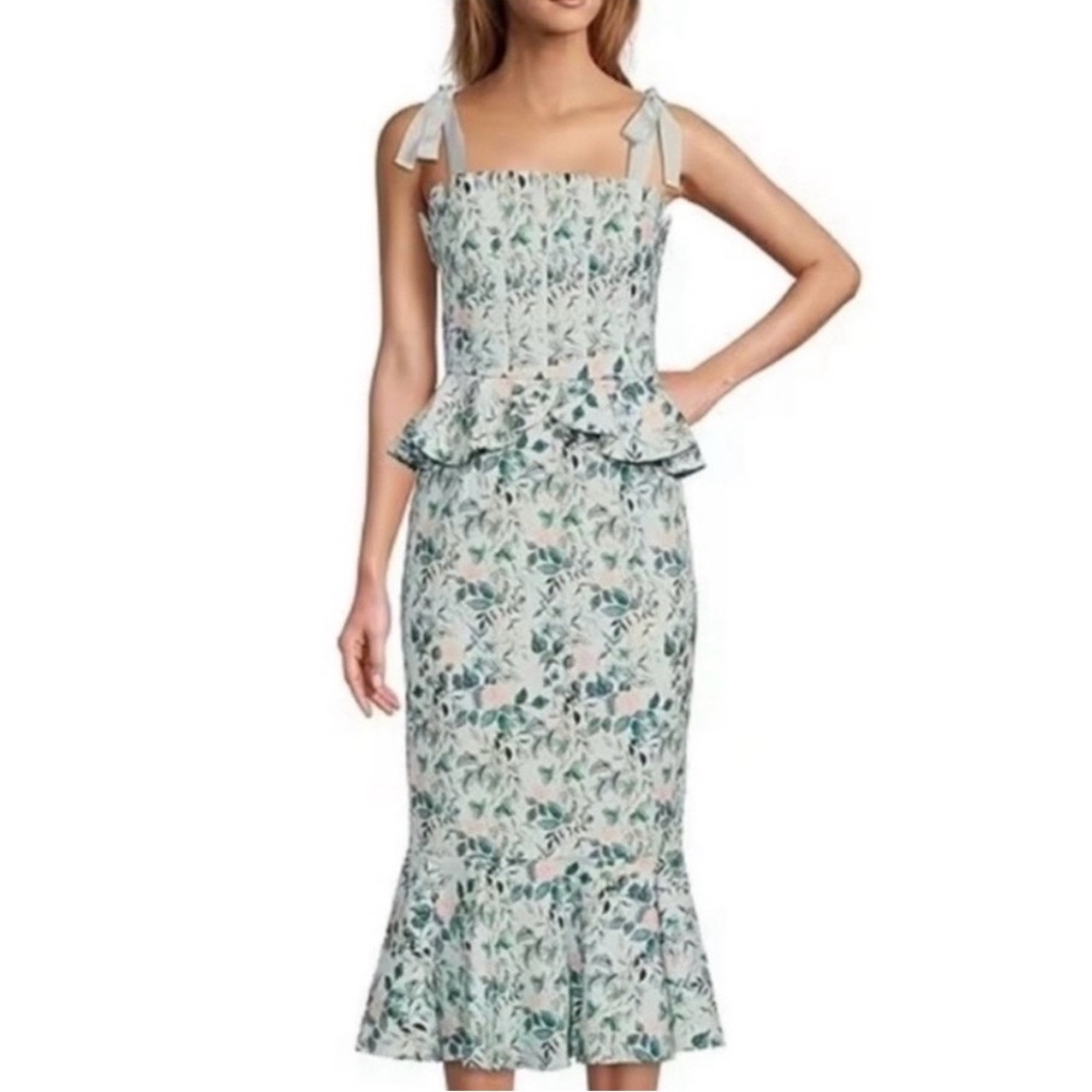 Floral Peplum Midi Dress with Tie Shoulder Straps